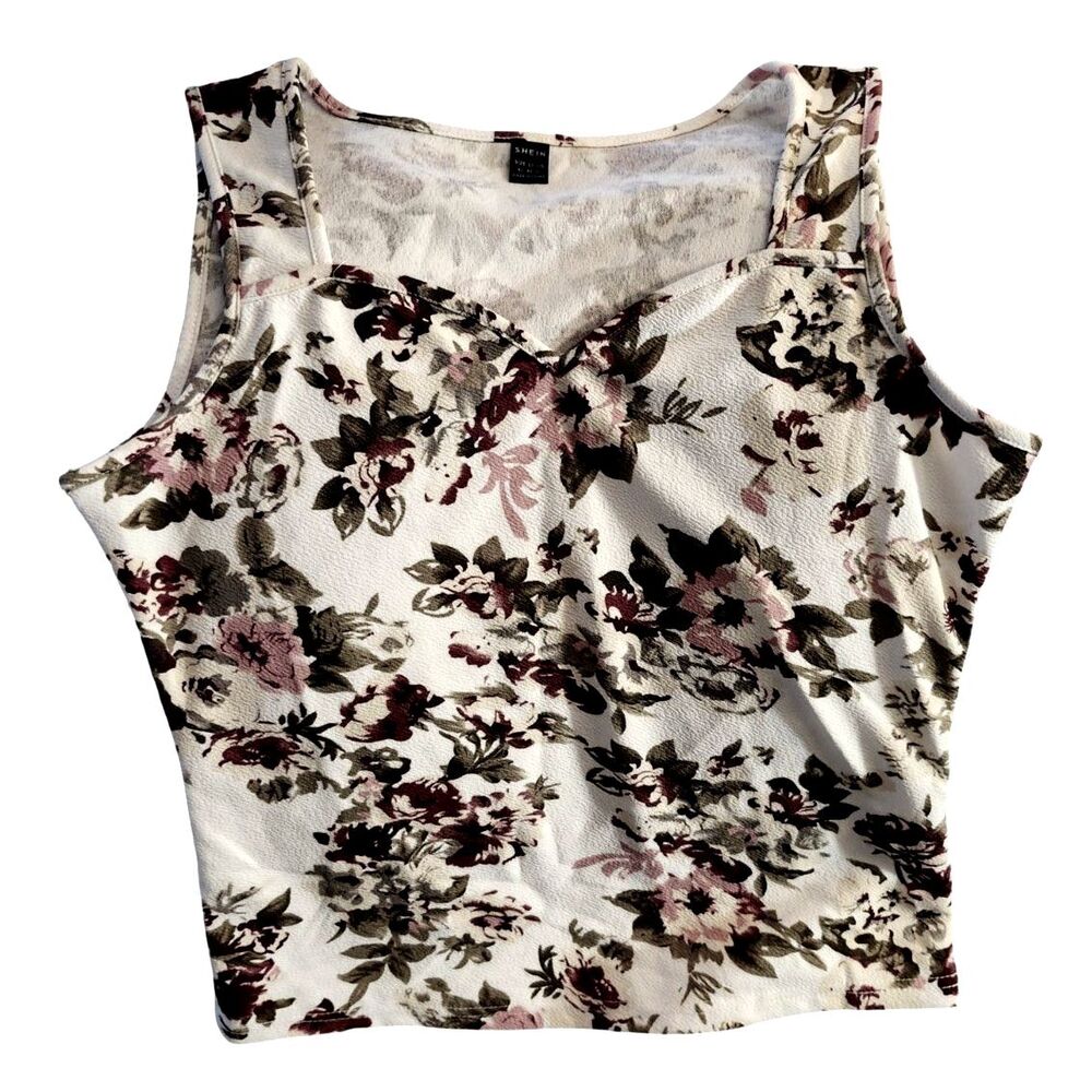 SHEIN Floral Sweetheart Neck Tank Top Textured Crop Camisole Blouse Cream